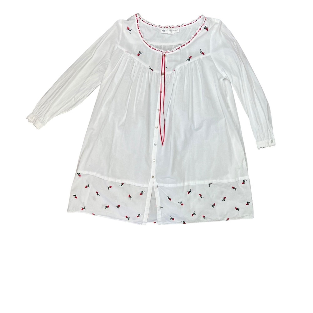Eileen West White Cotton Nightgown Red Rosebud Lace Trim Pockets Small USA Girly